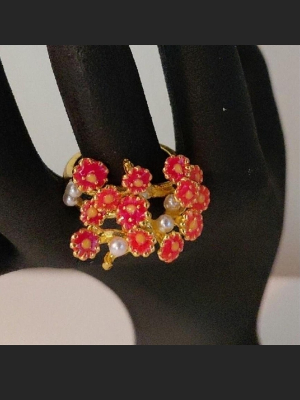 Source Unknown Gold Floral Cluster Ring with Red Enamel and Pearl Accents
